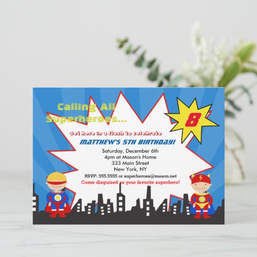 Jongen Superheld Birthday Party Invitations Kaart (Staand voorkant)