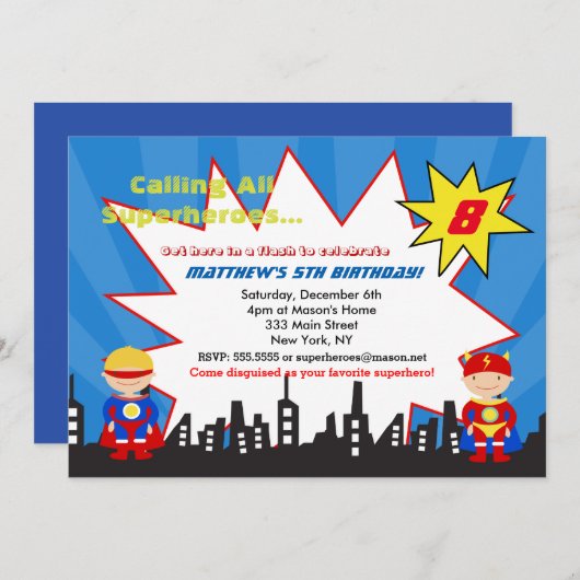 Jongen Superheld Birthday Party Invitations Kaart (Voorkant / Achterkant)