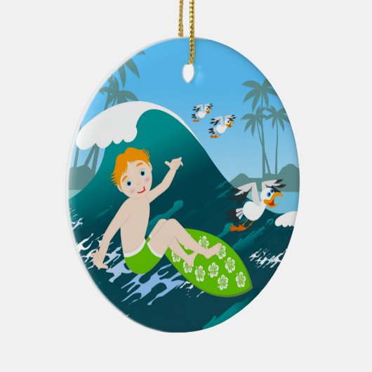 Jongen surft big wave Verjaardagsfeest Keramisch Ornament (Rechts)