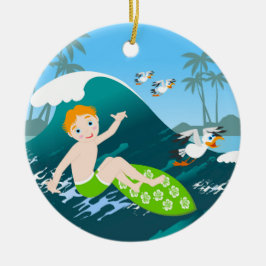 Jongen surft big wave Verjaardagsfeest Keramisch Ornament