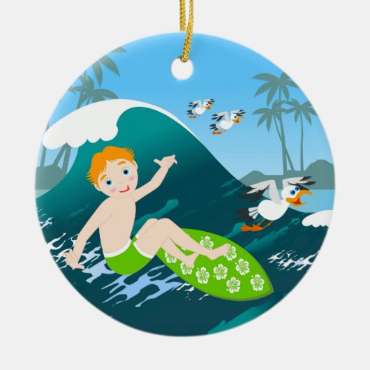 Jongen surft big wave Verjaardagsfeest Keramisch Ornament (Voorkant)