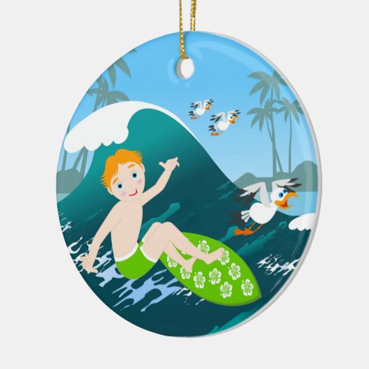 Jongen surft big wave Verjaardagsfeest Keramisch Ornament (Links)