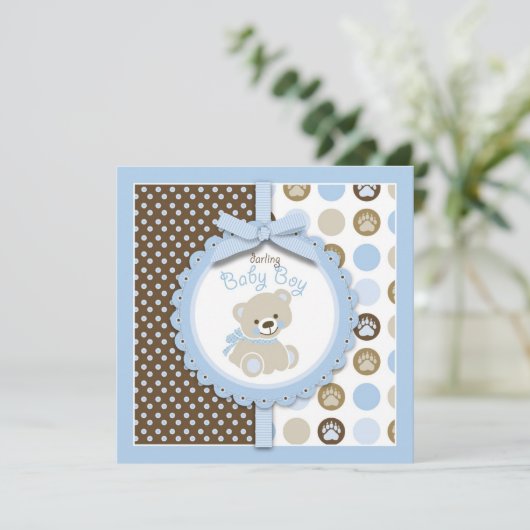 Jongen Teddy Bear Baby shower Invitation Square Kaart (Staand voorkant)