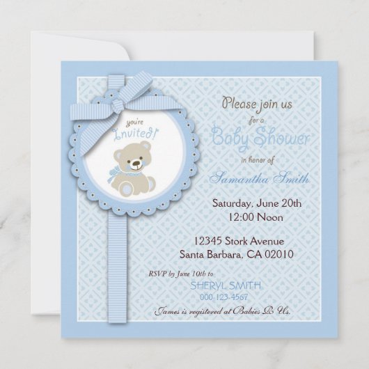 Jongen Teddy Bear Baby shower Invitation Square Kaart (Achterkant)