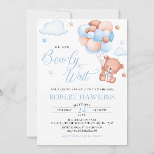 Jongen Teddy Bear Balloon Wachten Baby shower Kaart (Voorkant)