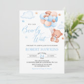 Jongen Teddy Bear Balloon Wachten Baby shower Kaart (Staand voorkant)