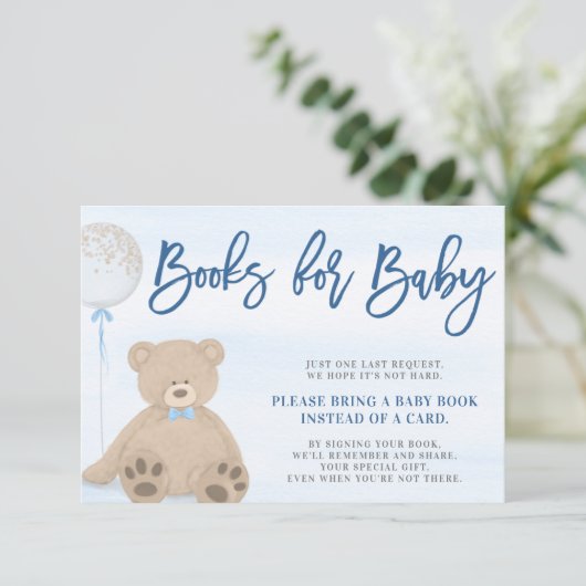 Jongen Teddy Bear Blauwe Ballon Breng een Boek Informatiekaartje (Staand voorkant)