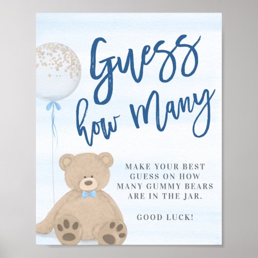Jongen Teddy Bear Blue Ballon raden hoeveel tekens Poster (Voorkant)