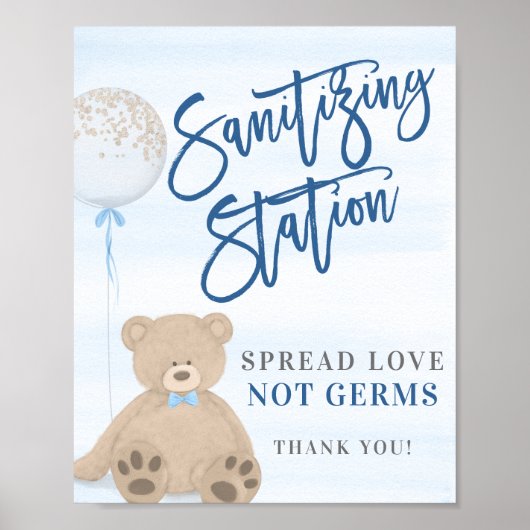 Jongen Teddy Bear Blue Ballon Sanitizing Sign Poster (Voorkant)