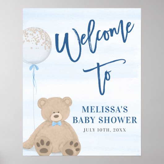 Jongen Teddy Bear Blue Ballon Welkomstteken Poster (Voorkant)