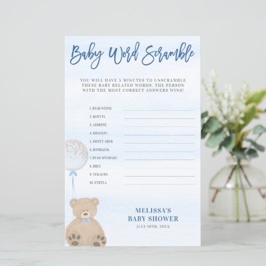Jongen Teddy Bear Blue Ballon Word Scramble Game (Staand voorkant)