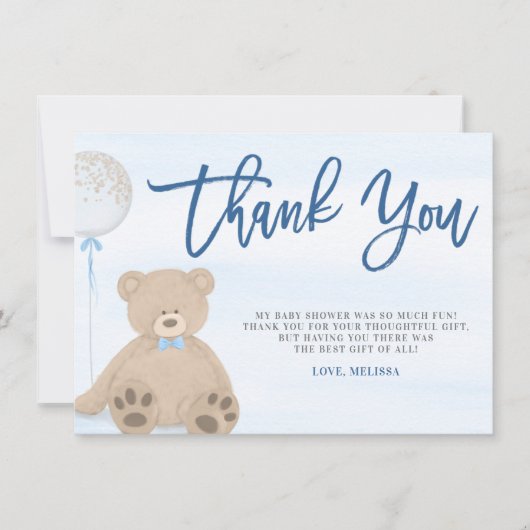 Jongen Teddy Bear Blue-ballonBaby shower Bedankkaart (Voorkant)