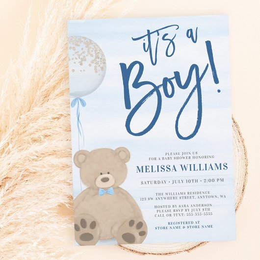 Jongen Teddy Bear Blue-ballonBaby shower Kaart