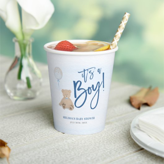Jongen Teddy Bear Blue-ballonBaby shower Papieren Bekers (Insitu)