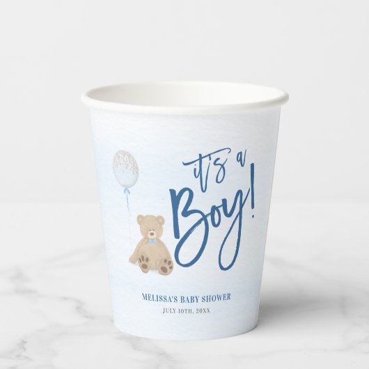 Jongen Teddy Bear Blue-ballonBaby shower Papieren Bekers (Achterkant)