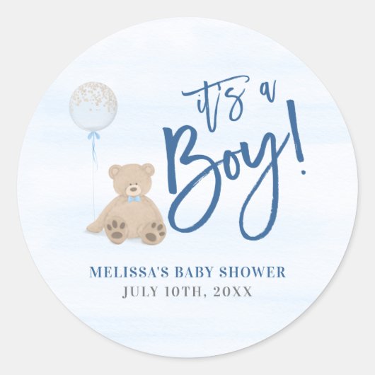 Jongen Teddy Bear Blue-ballonBaby shower Ronde Sticker (Voorkant)