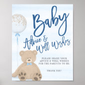 Jongen Teddy Bear Blue Balloon Baby Advice Sign Poster (Voorkant)