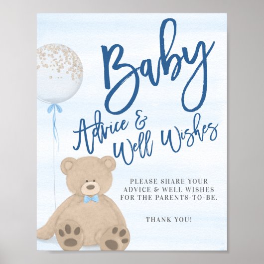 Jongen Teddy Bear Blue Balloon Baby Advice Sign Poster (Voorkant)