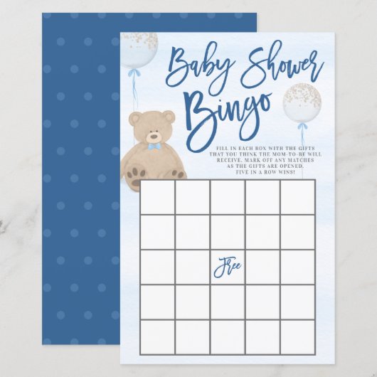 Jongen Teddy Bear Blue Bingo Baby shower (Voorkant / Achterkant)