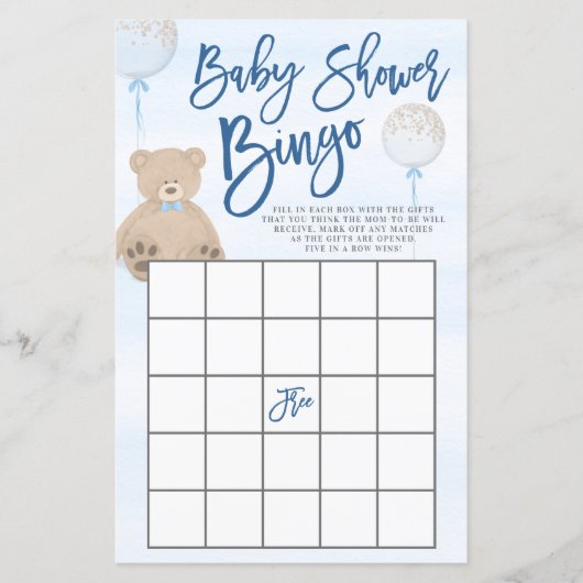 Jongen Teddy Bear Blue Bingo Baby shower (Voorkant)