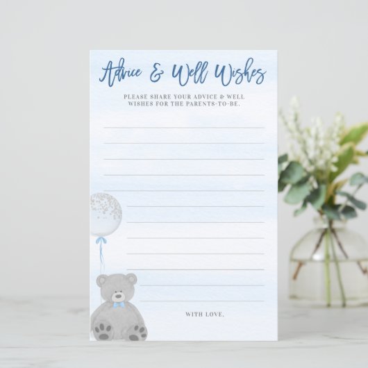 Jongen Teddy Bear Blue Grey Balloon Baby Advice Ka (Staand voorkant)