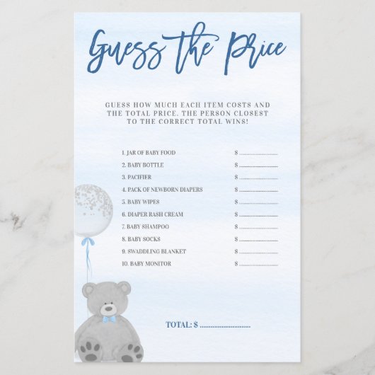 Jongen Teddy Bear Blue Grey Balloon raden de prijs (Voorkant)