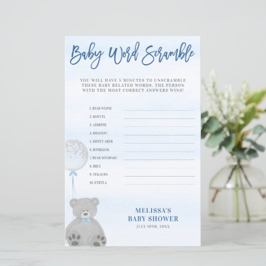Jongen Teddy Bear Blue Grey Balloon Word Scramble (Staand voorkant)