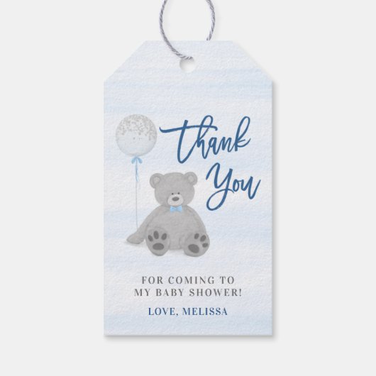 Jongen Teddy Bear Blue Grey Balonon Baby shower Cadeaulabel (Achterkant)