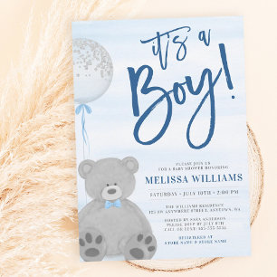 Jongen Teddy Bear Blue Grey Balonon Baby shower Kaart