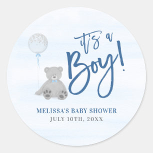 Jongen Teddy Bear Blue Grey Balonon Baby shower Ronde Sticker