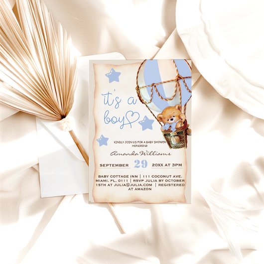 Jongen Teddy Bear Blue Hot Air Ballon Baby shower Kaart