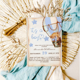 Jongen Teddy Bear Blue Hot Air Ballon Baby shower Kaart