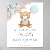 Jongen Teddy Bear Boho Blue Floral Pampas Welkom Poster (Voorkant)