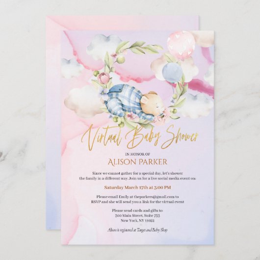 Jongen Teddy Bear Cute Virtual Baby shower Kaart (Voorkant / Achterkant)