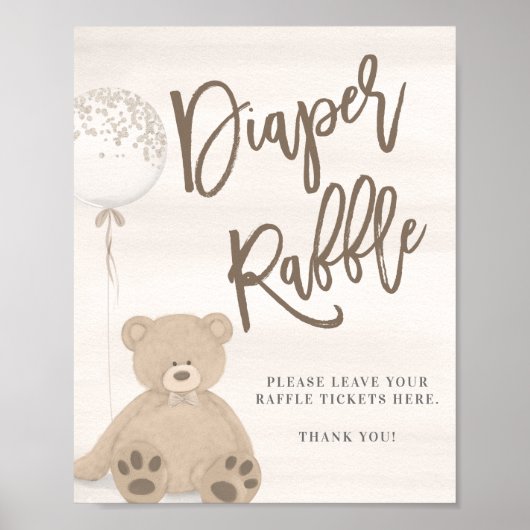 Jongen Teddy Bear Tan Ballon Diaper Raffle Sign Poster (Voorkant)