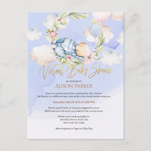 Jongen Teddy Bear Woodland Virtual Baby shower Inv Briefkaart (Voorkant)