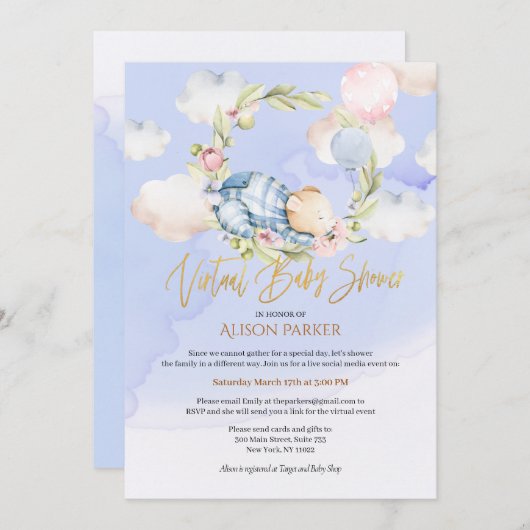 Jongen Teddy Bear Woodland Virtual Baby shower Kaart (Voorkant / Achterkant)