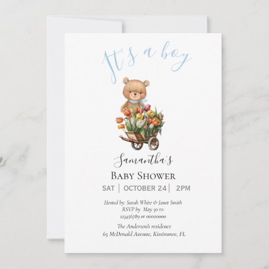 Jongen Teddy Bearly Wait Blue Floral kondiging Aankondiging (Voorkant)