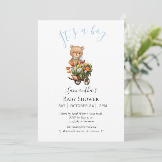 Jongen Teddy Bearly Wait Blue Floral kondiging Aankondiging (Staand voorkant)