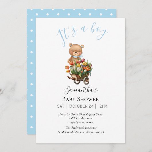 Jongen Teddy Bearly Wait Blue Floral kondiging Aankondiging (Voorkant / Achterkant)