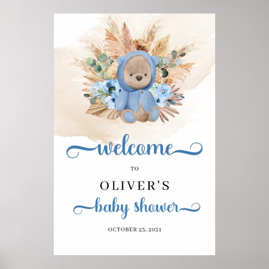 Jongen Teddy beer pampas gras baby shower Welkom Poster (Voorkant)