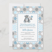 Jongen teddy dragen een blauwe grijze baby shower kaart (Voorkant)