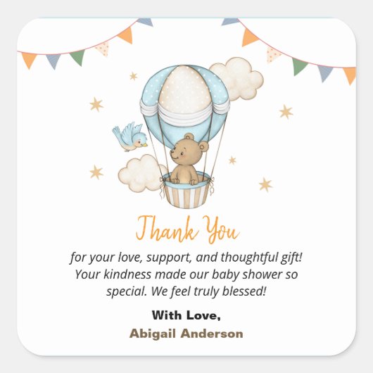 Jongen Teddybeer Babyshower Bedankt Plat Kaarten Vierkante Sticker (Voorkant)