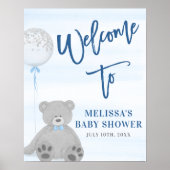 Jongen Teddybeer Blauw Grijs Ballon Welkomstbord Poster (Voorkant)
