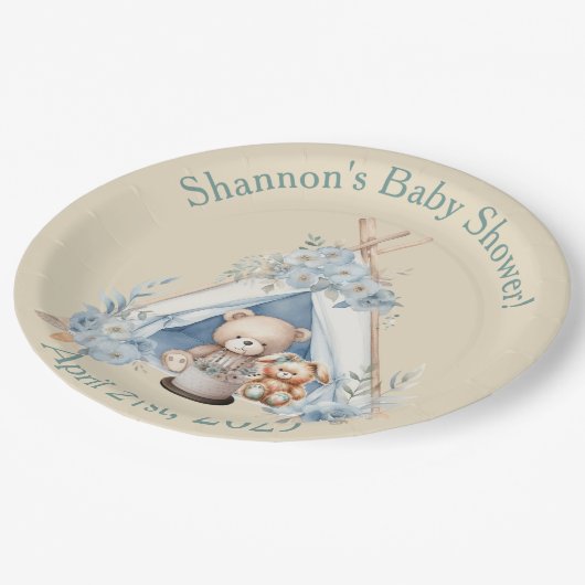 Jongen Teddybeer, Konijn in Indianentent Baby Show Papieren Bordje (Gekanteld)