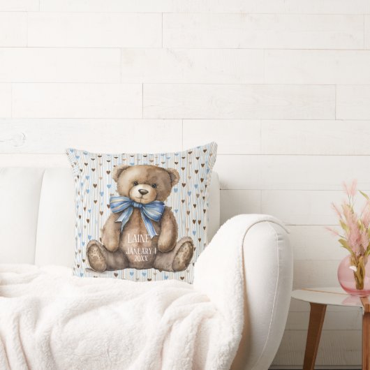 Jongen Teddybeer op blauwe bruine harten Kussen (Bank)