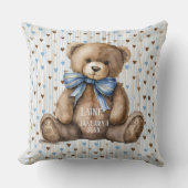 Jongen Teddybeer op blauwe bruine harten Kussen (Voorkant)