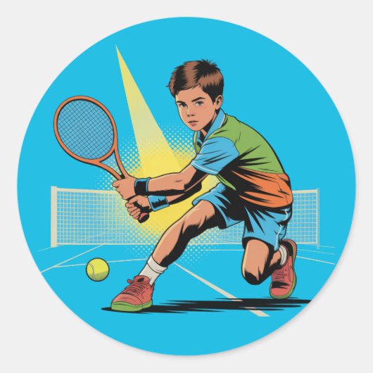 Jongen Tennis Verjaardagsfeest Ronde Sticker (Voorkant)