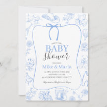 Jongen Toile De Jouy Blauwe Baby Shower Uitnodigin