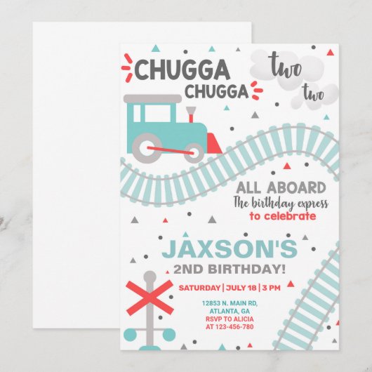 Jongen trainen 2e tweede verjaardag uitnodiging.. kaart (Voorkant / Achterkant)